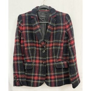 Talbots Aberdeen Plaid Tweed Wool‎ Blend Black Red Blazer Womens Size 12P Petite